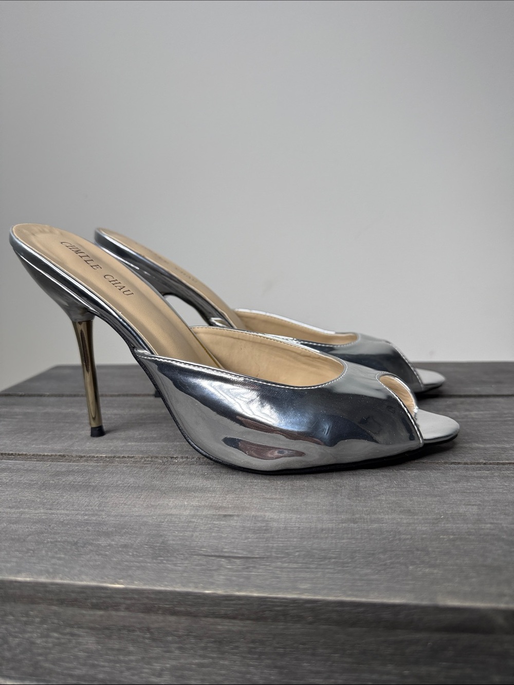 Charles David Silver Metallic Peep-Toe Stiletto Heels